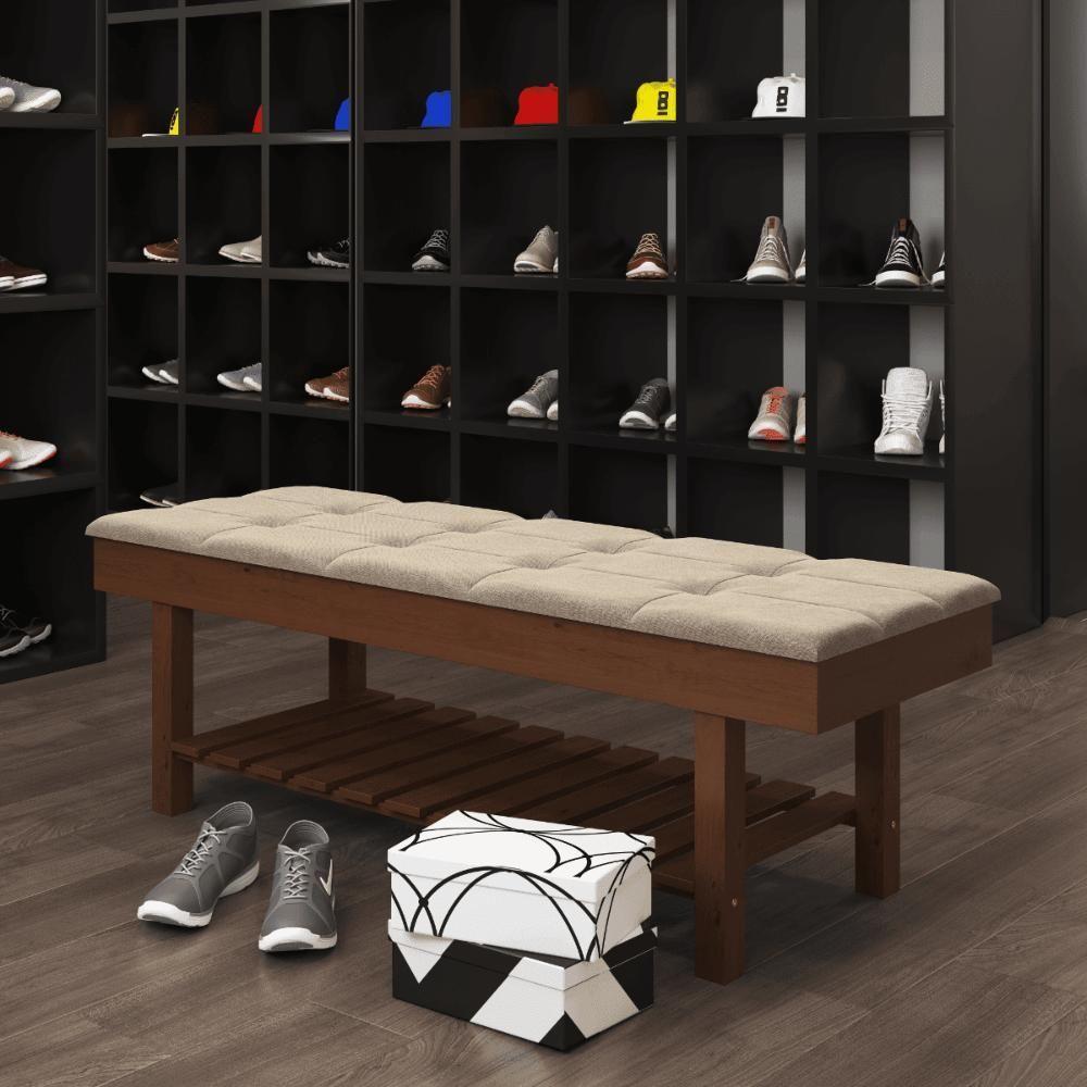 Banco Em Madeira Almofadado Com Sapateira Bege Linho - 4