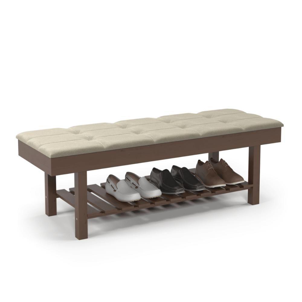 Banco Em Madeira Almofadado Com Sapateira Bege Linho - 5