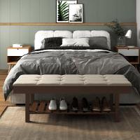 Banco Em Madeira Almofadado Com Sapateira Bege Linho - 2