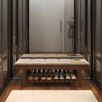 Banco Em Madeira Almofadado Com Sapateira Bege Linho - 3