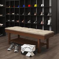 Banco Em Madeira Almofadado Com Sapateira Bege Linho