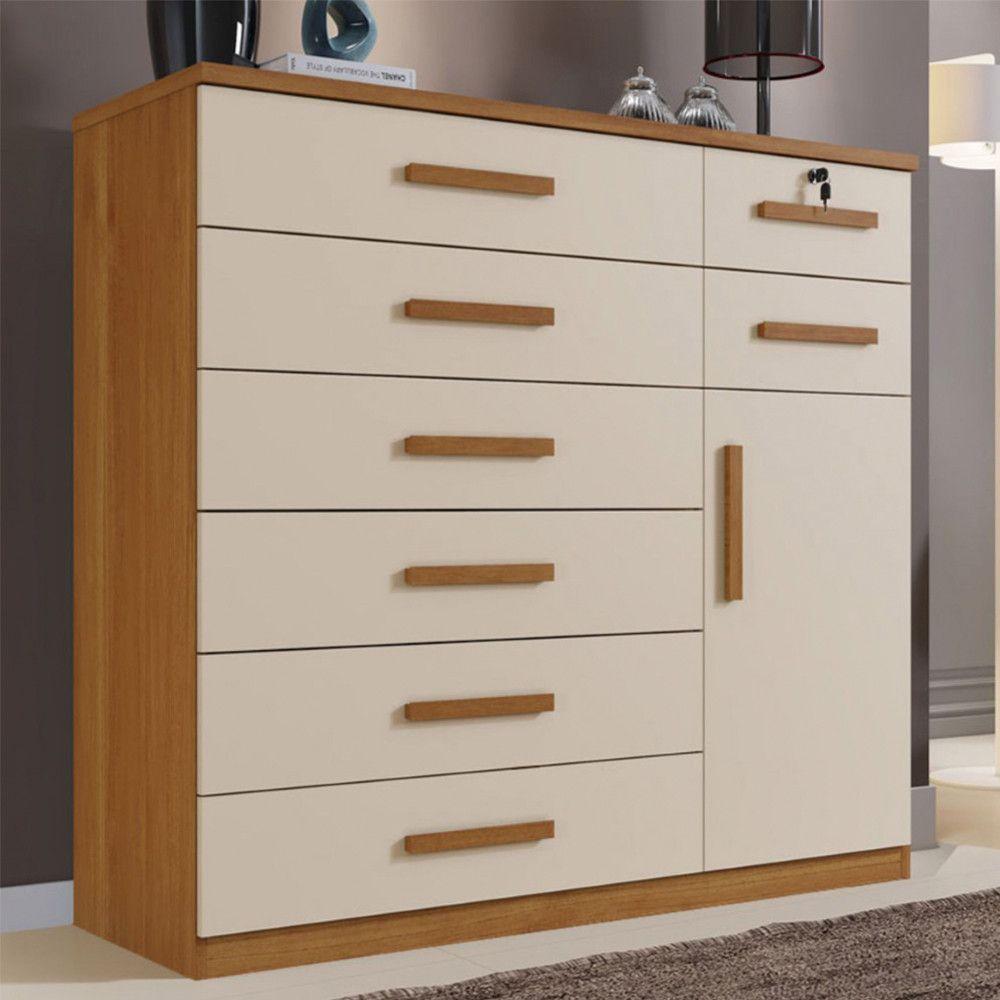 Cômoda Vitoria 1 Porta E 8 Gavetas Plus Com Escala De Brilho Em Fosco Benetil Cinamomo Com Off White - 1