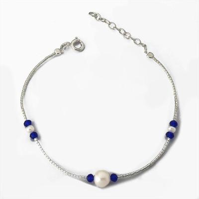 Pulseira Delicada Com Cristais Azuis E Pérolas Sintéticas