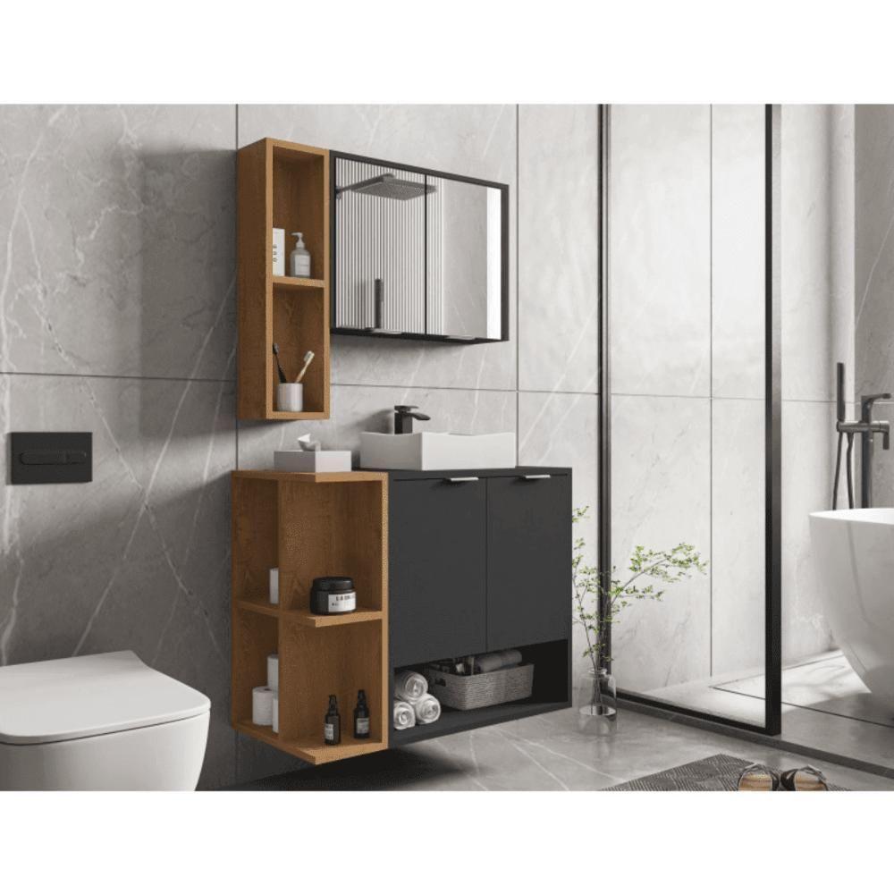 Conjunto Banheiro Gabinete E Espelheira Ibiza Preto Fosco Naturalle - 1