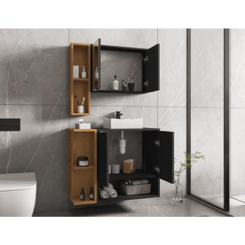 Conjunto Banheiro Gabinete E Espelheira Ibiza Preto Fosco Naturalle - 3