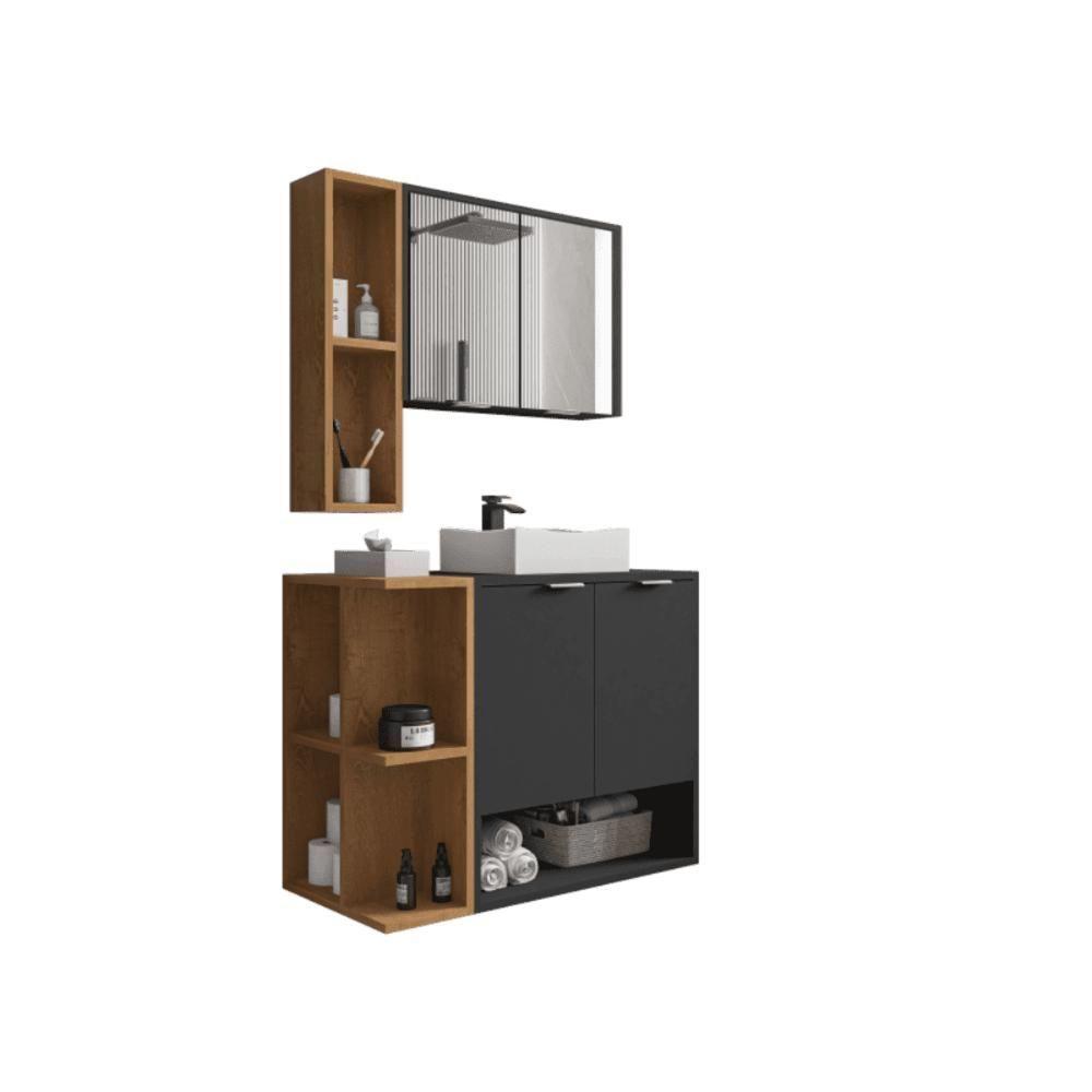 Conjunto Banheiro Gabinete E Espelheira Ibiza Preto Fosco Naturalle - 6