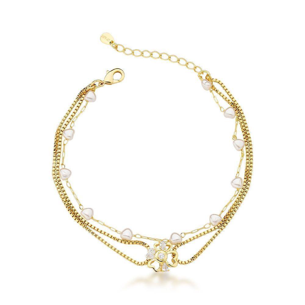 Pulseira De Ouro 18k Banhado Com Pérolas - Acessório Clássico Com Charme Floral - 1