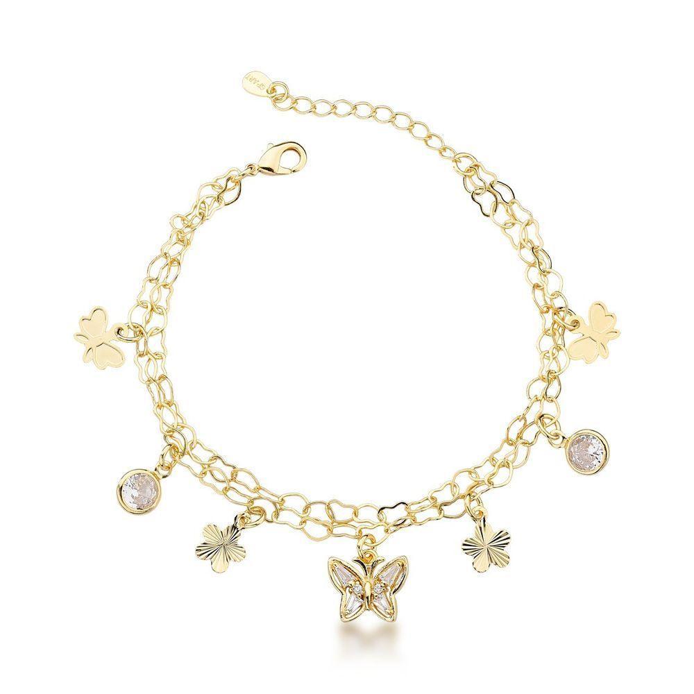 Pulseira Banhada A Ouro 18k Com Cristais E Charmes De Borboleta E Flor - Joia Fina - 1