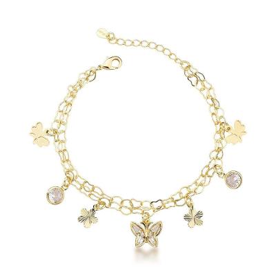 Pulseira Banhada A Ouro 18k Com Cristais E Charmes De Borboleta E Flor - Joia Fina