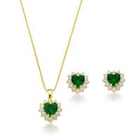 Conjunto Colar E Brinco Coração Cravejados Verde Escuro Banhado A Ouro 18k - 1