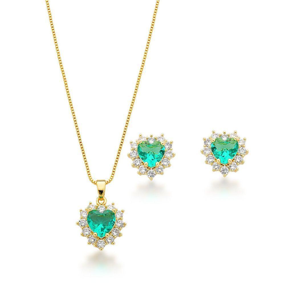 Conjunto Colar E Brinco Coração Cravejados Verde Claro Banhado A Ouro 18k - 1