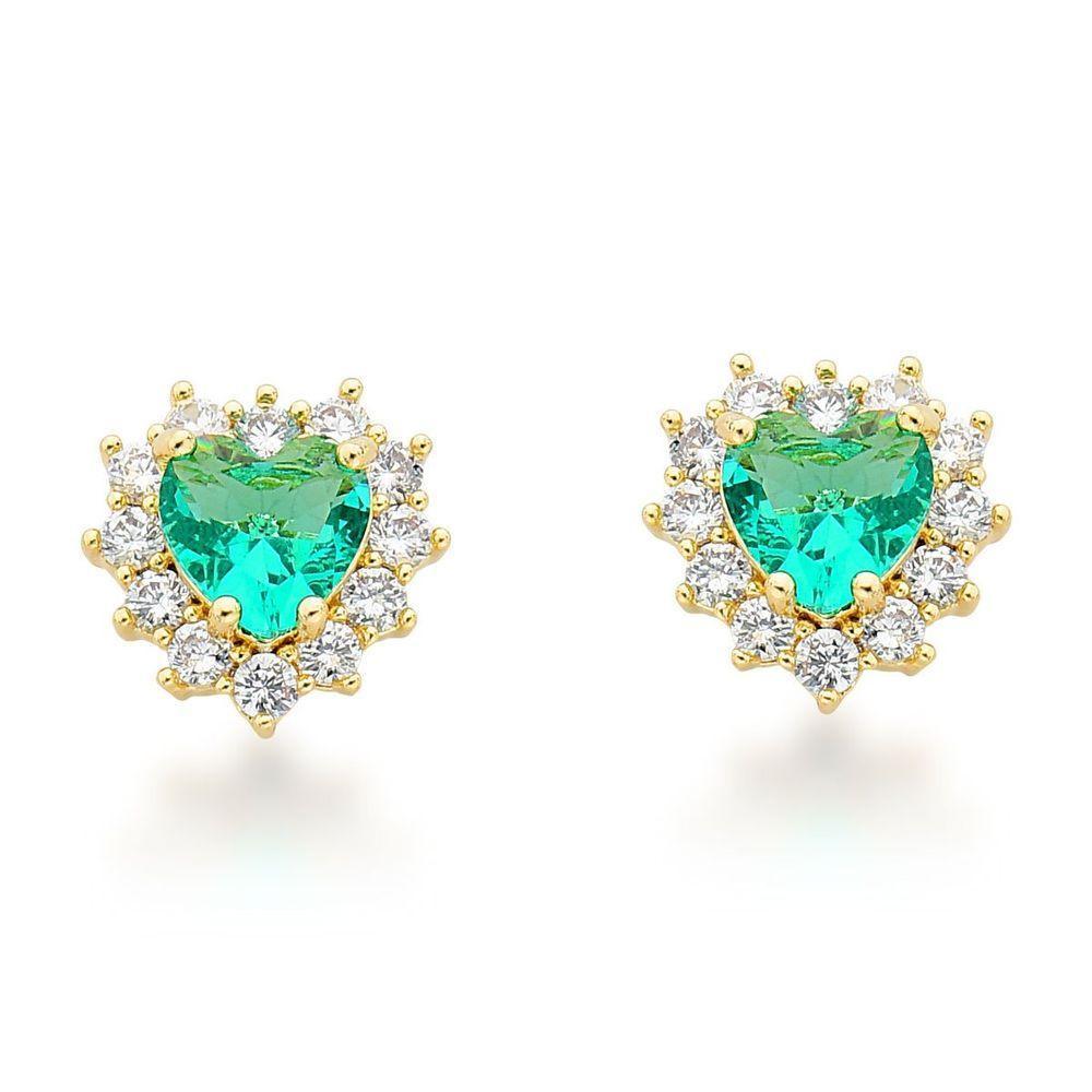 Conjunto Colar E Brinco Coração Cravejados Verde Claro Banhado A Ouro 18k - 4