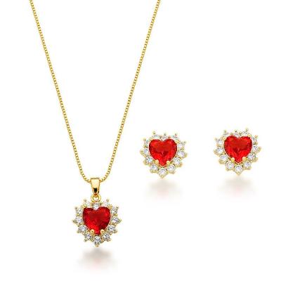 Conjunto Colar E Brinco Coração Cravejados Vermelho Banhado A Ouro 18k