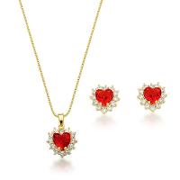 Conjunto Colar E Brinco Coração Cravejados Vermelho Banhado A Ouro 18k - 1