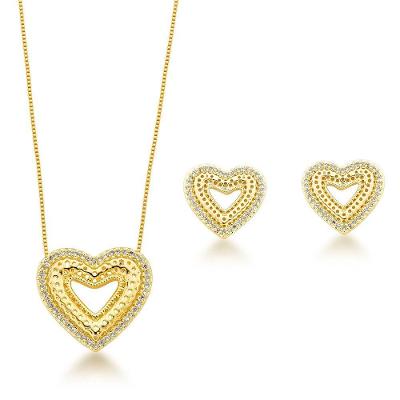 Conjunto Colar E Brinco Coração Vazado Banhado A Ouro 18k