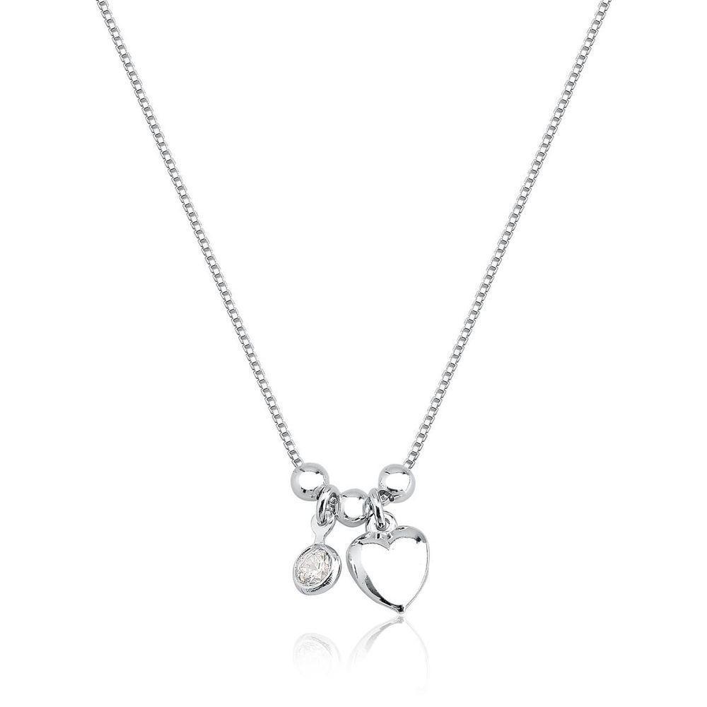Colar Bolas 3mm Coração E Ponto De Luz Prata 925 - 1