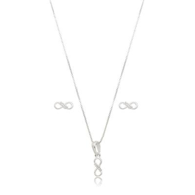 Conjunto Colar E Brincos Minimalistas Infinito Prata 925