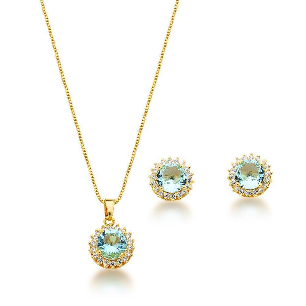 Conjunto Colar E Brinco Ponto De Luz Azul Claro Banhado A Ouro 18k - 1