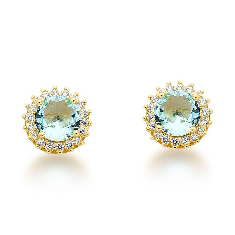 Conjunto Colar E Brinco Ponto De Luz Azul Claro Banhado A Ouro 18k - 3