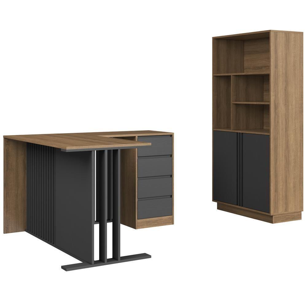 Mesa Em L E Armario Para Escritorio Office Cm4001 Faem Mel Grafite - 1