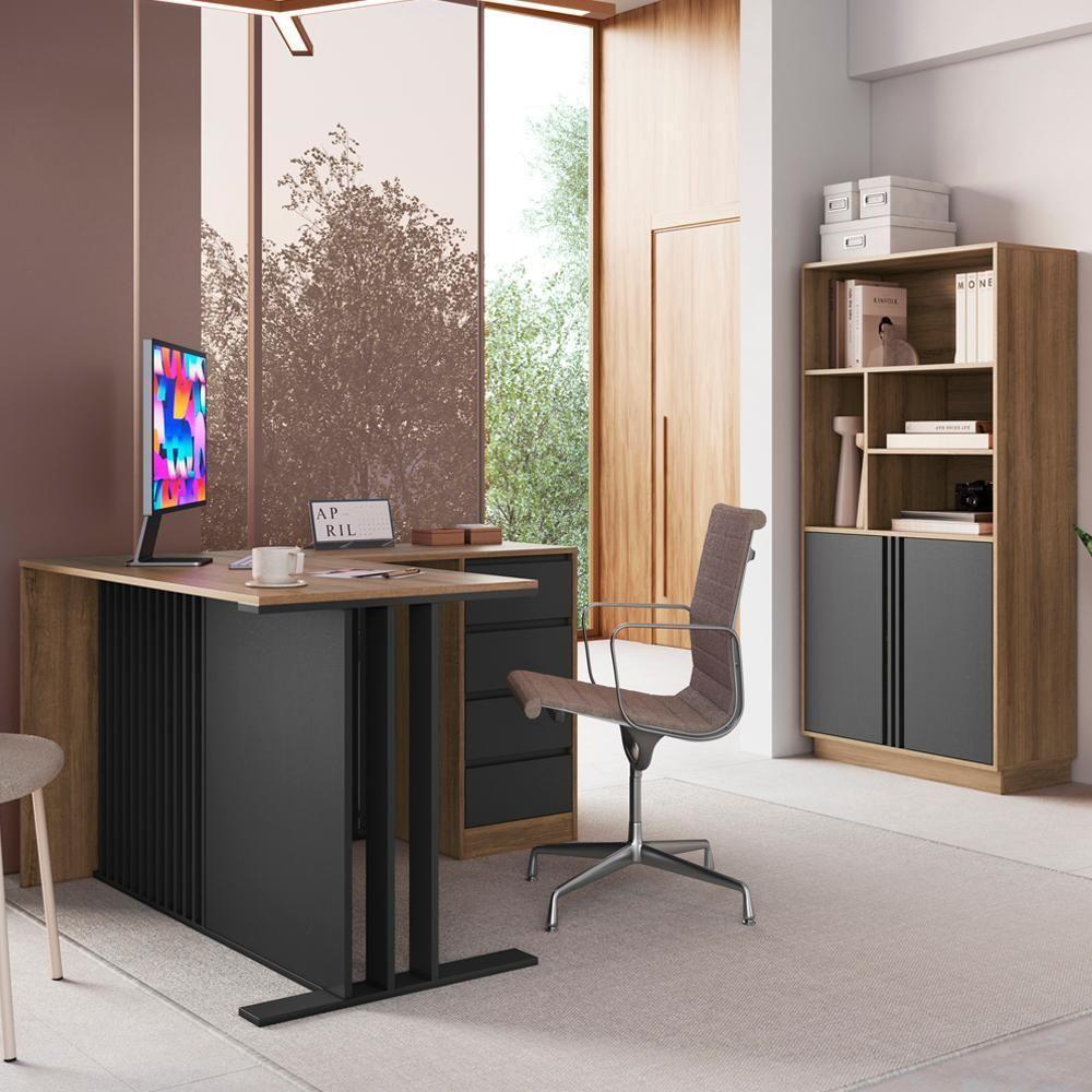 Mesa Em L E Armario Para Escritorio Office Cm4001 Faem Mel Grafite - 2