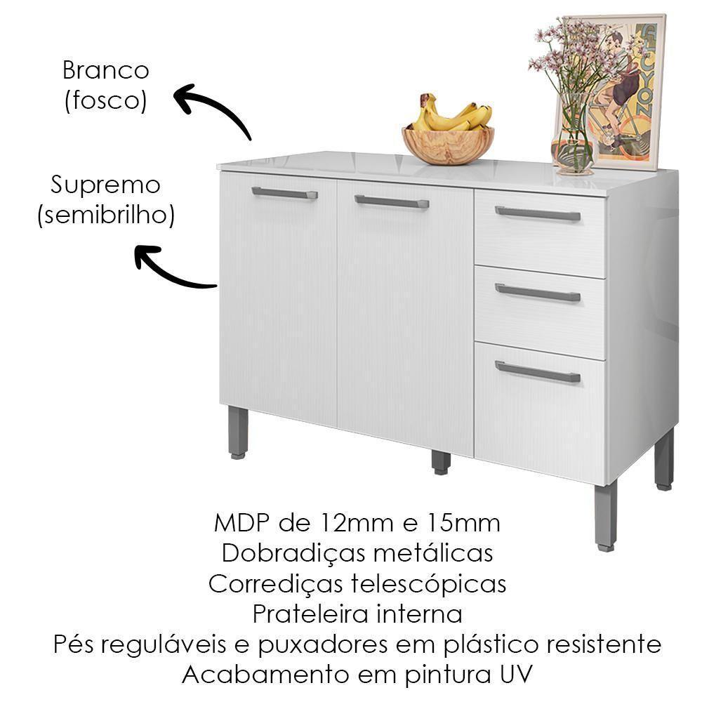 Balcao Com Tampo 3 Portas 2 Gavetas 120 Cm Mad Versalhes Ktp Branco Supremo - 4
