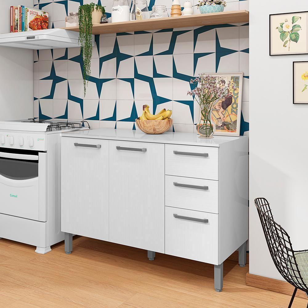 Balcao Com Tampo 3 Portas 2 Gavetas 120 Cm Mad Versalhes Ktp Branco Supremo - 7