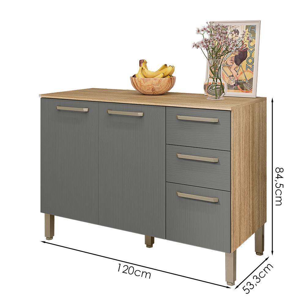 Balcao Com Tampo 3 Portas 2 Gavetas 120 Cm Mad Versalhes Ktp Freijo Gris - 3
