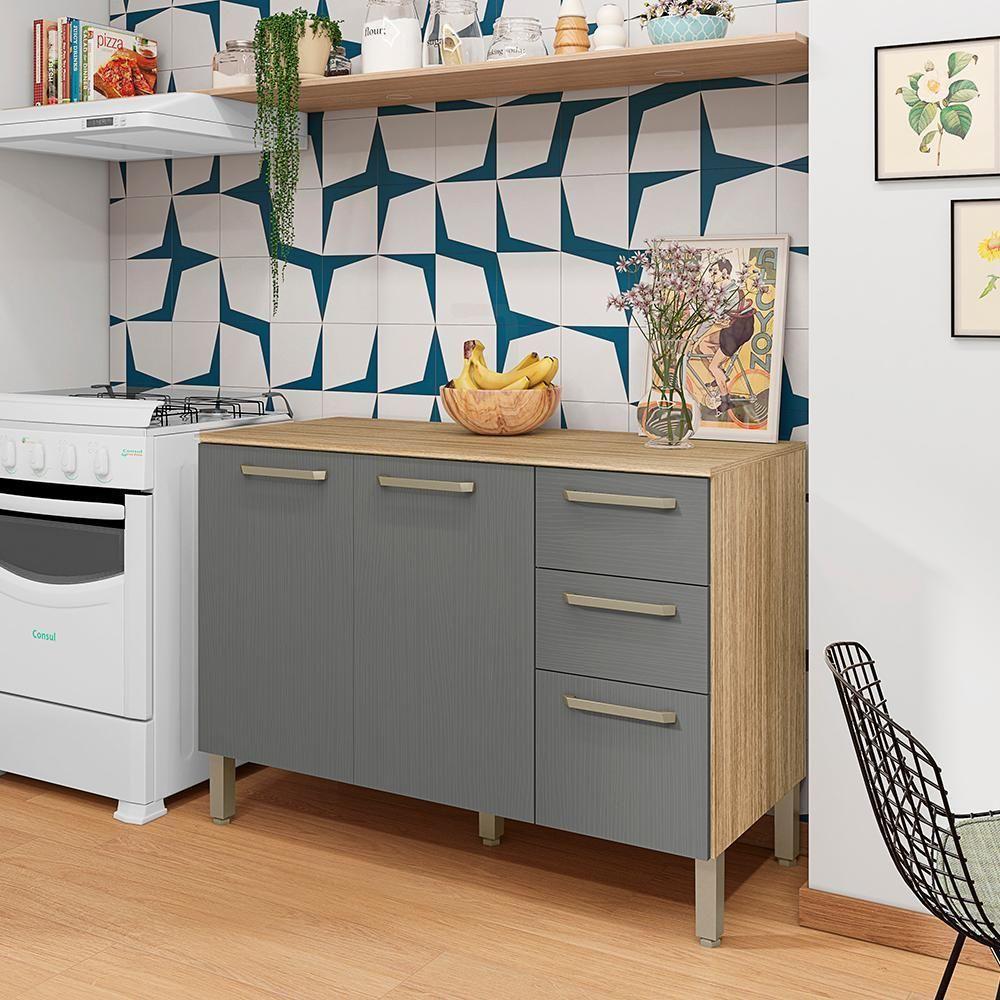 Balcao Com Tampo 3 Portas 2 Gavetas 120 Cm Mad Versalhes Ktp Freijo Gris - 7