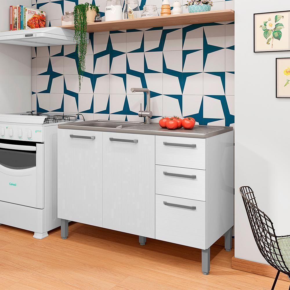 Balcao Para Pia 3 Portas 2 Gavetas 120 Cm Mad Versalhes Ktp Branco Supremo - 8