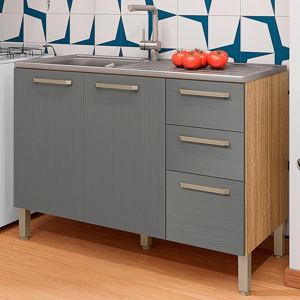 Balcao Para Pia 3 Portas 2 Gavetas 120 Cm Mad Versalhes Ktp Freijo Gris - 2