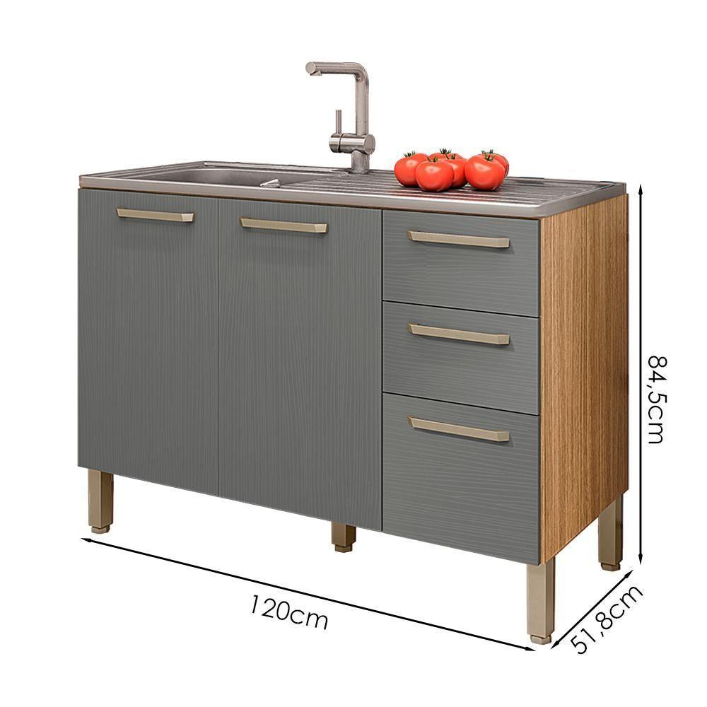 Balcao Para Pia 3 Portas 2 Gavetas 120 Cm Mad Versalhes Ktp Freijo Gris - 3