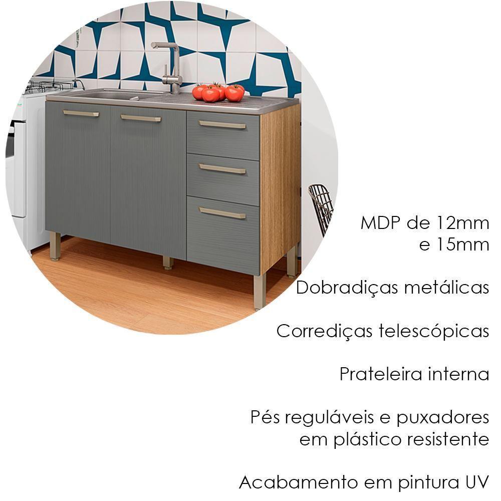 Balcao Para Pia 3 Portas 2 Gavetas 120 Cm Mad Versalhes Ktp Freijo Gris - 5