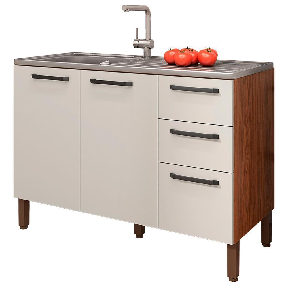 Balcao Para Pia 3 Portas 2 Gavetas 120 Cm Mad Versalhes Ktp Nogueira Off White - 1