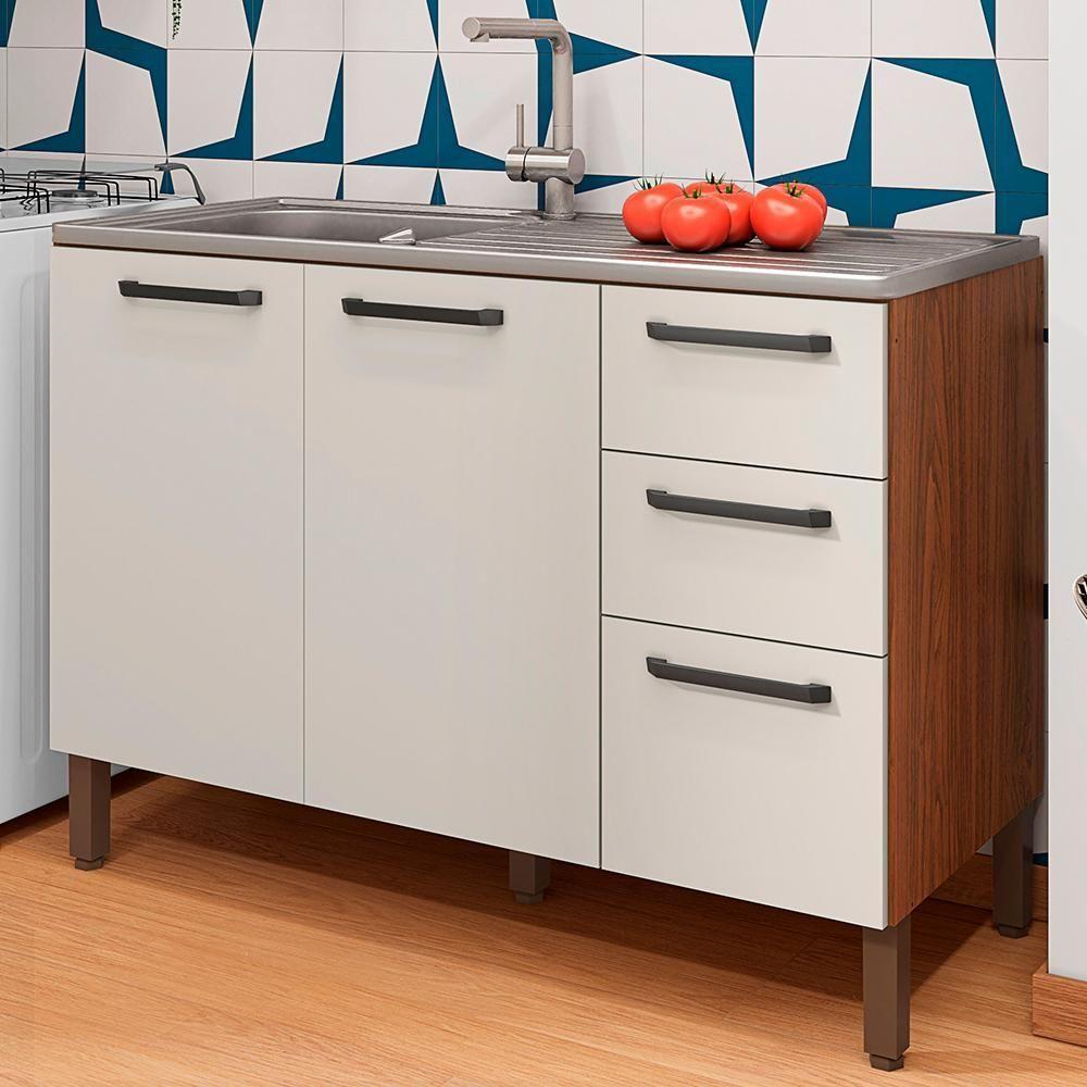 Balcao Para Pia 3 Portas 2 Gavetas 120 Cm Mad Versalhes Ktp Nogueira Off White - 2