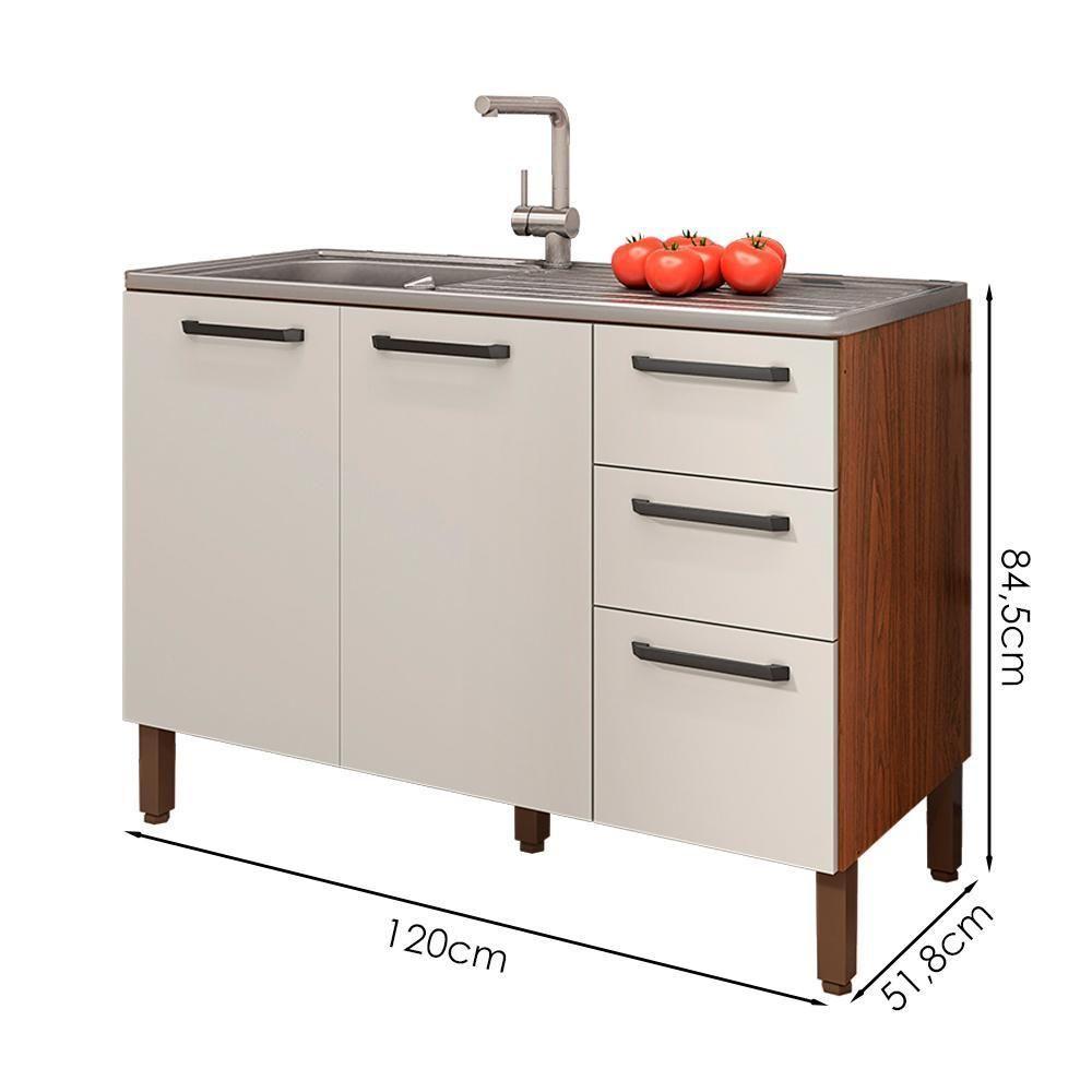 Balcao Para Pia 3 Portas 2 Gavetas 120 Cm Mad Versalhes Ktp Nogueira Off White - 3