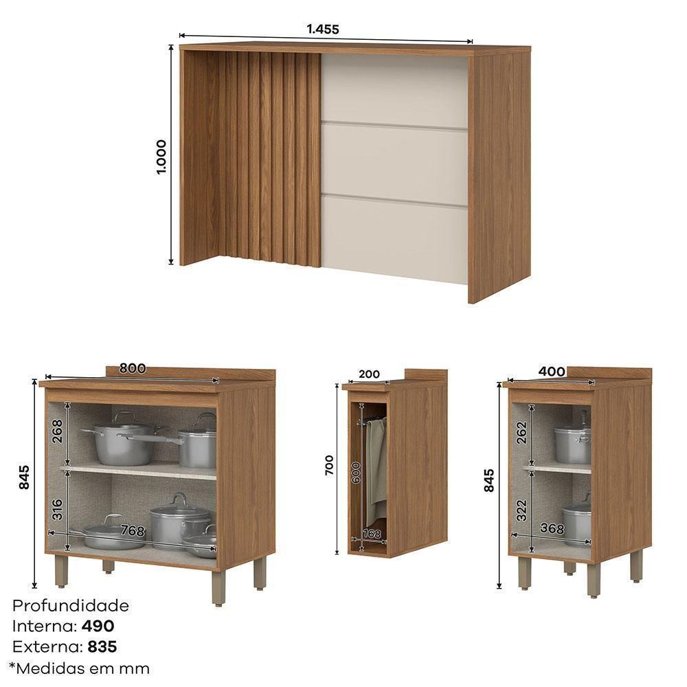 Kit Ilha Gourmet Com Balcões 80cm, 40cm E Porta Toalha Requinte Nature-areia Móveis Henn Nature-areia - 7