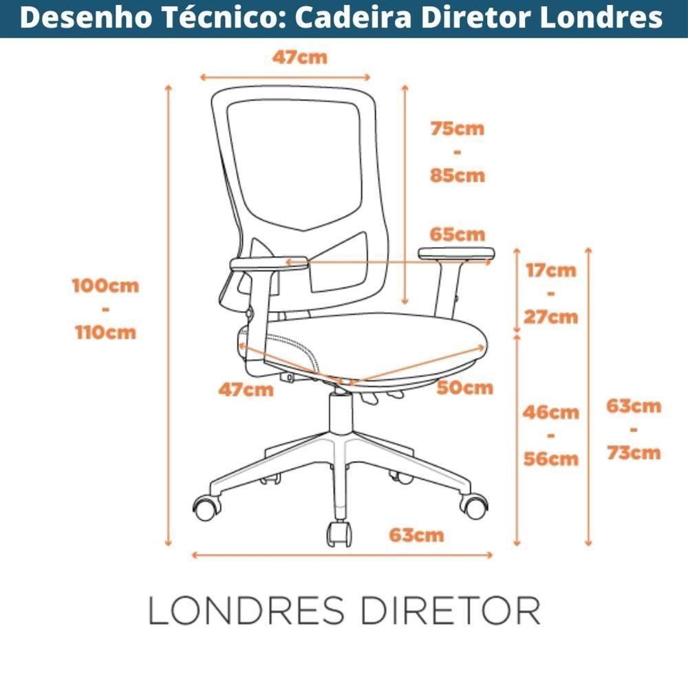 Cadeira Escritório Nr-17 Londres Diretor C/ Braços Fratini Encosto Tela Mesh Preta Base Rodízio - 7