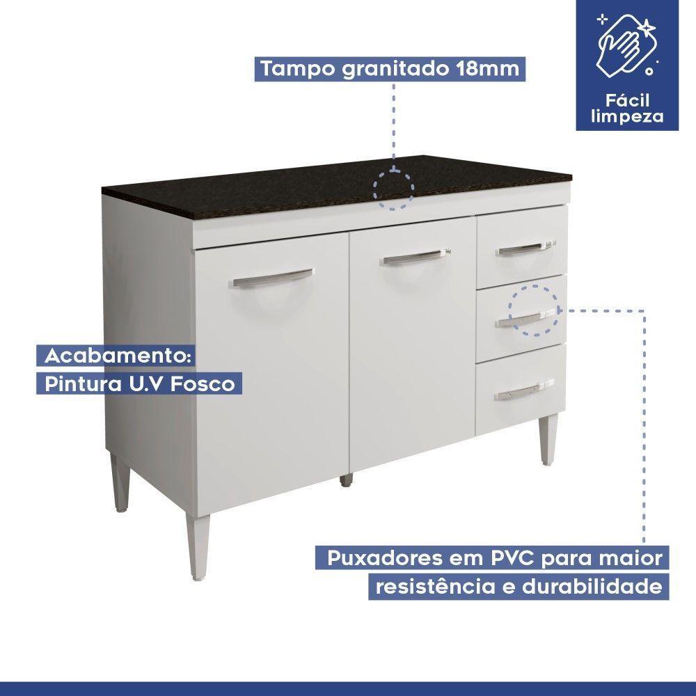 Balcão De Cozinha Virtus Com Tampo Branco 3 Gavetas 2 Portas Kaiki Móveis - 6