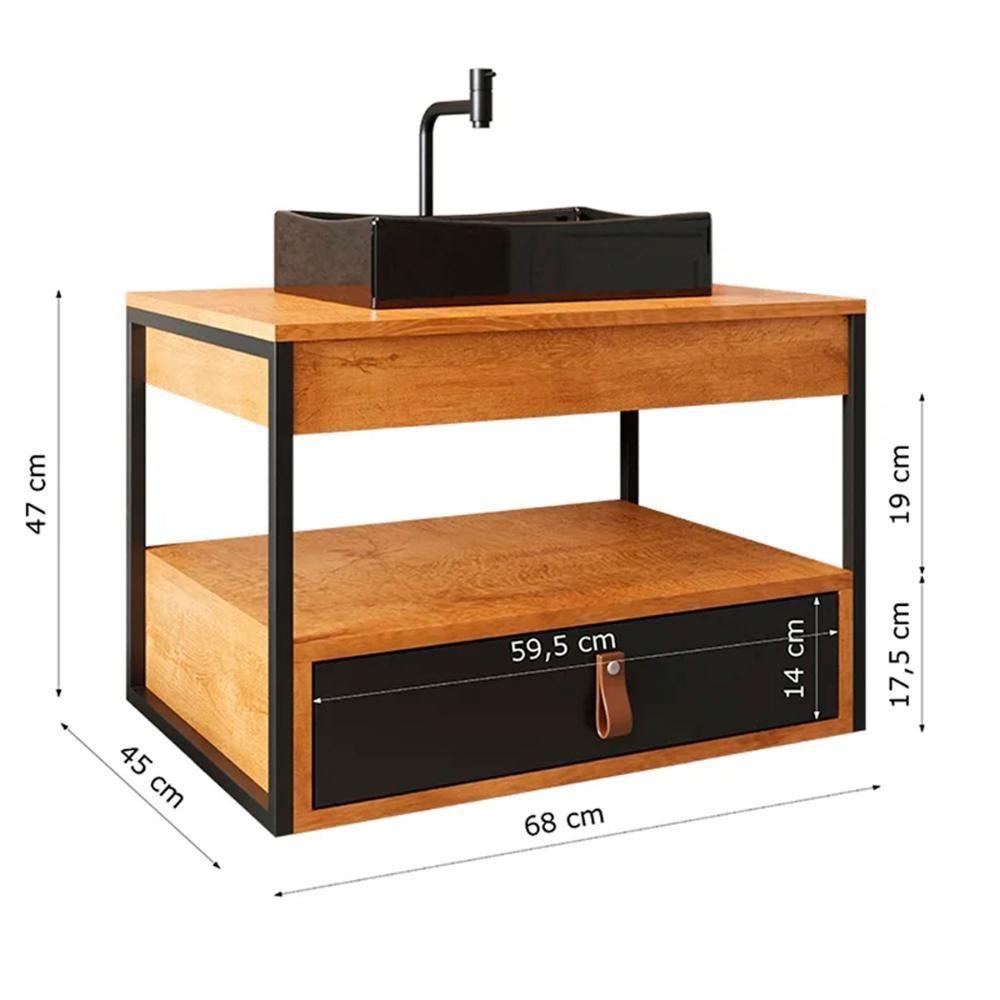 Gabinete Harley 1 Gaveta E Espelho Redondo Led 50cm Bivolt Nature/Preto - 3