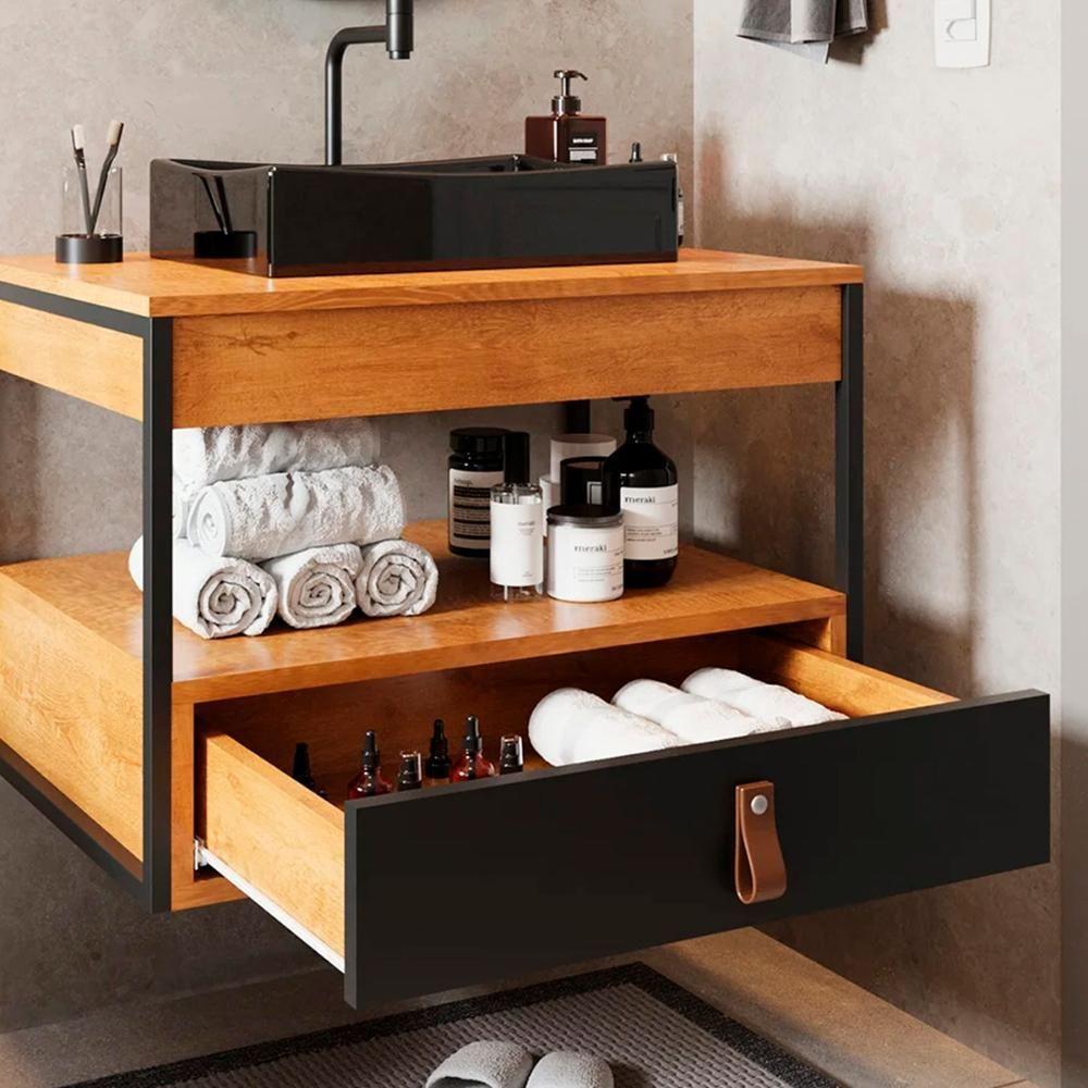 Gabinete Harley 1 Gaveta E Espelho Redondo Led 50cm Bivolt Nature/Preto - 5