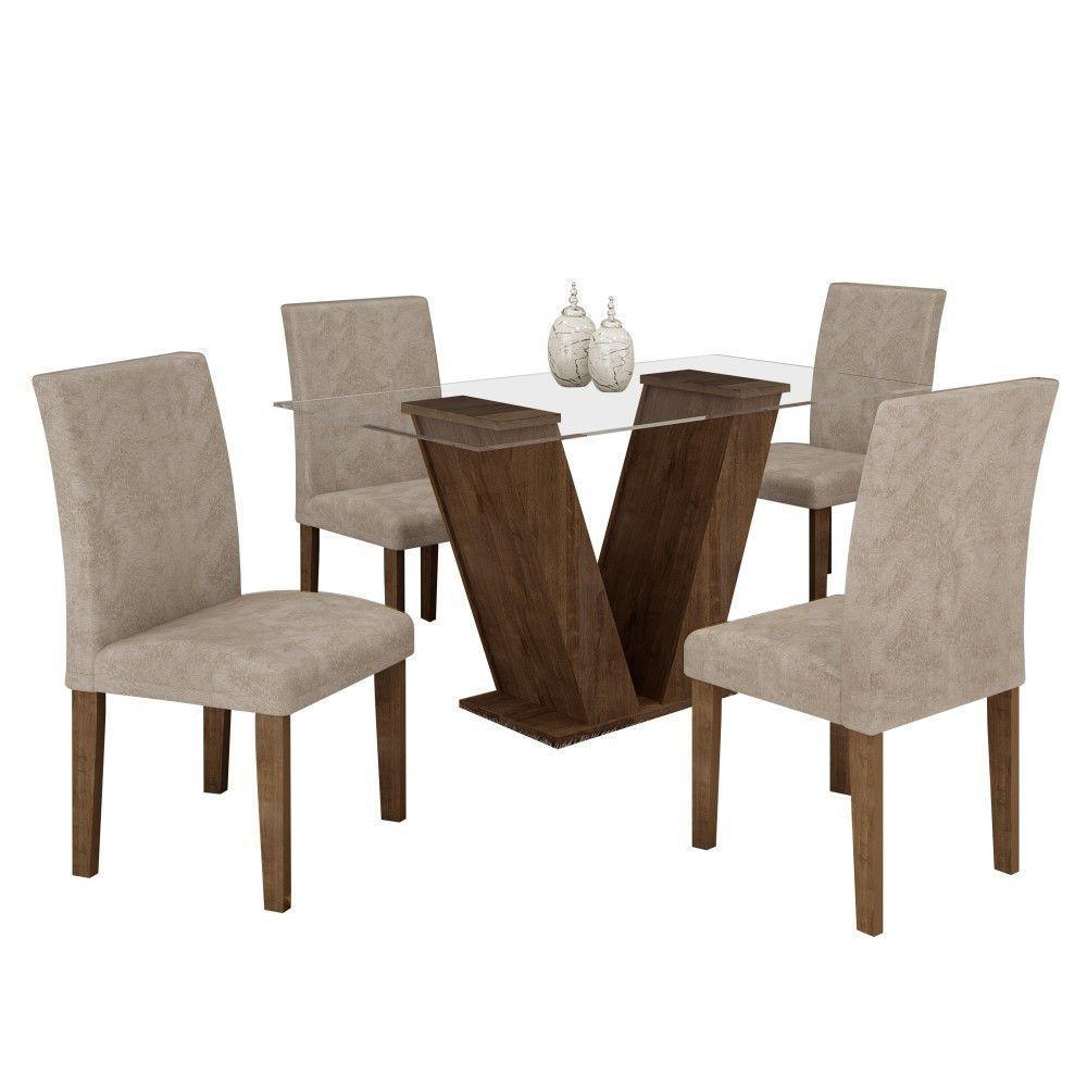 Conjunto Sala De Jantar Mesa Chocolate Com Suede Pena Bege Tampo De Vidro E 4 Cadeiras - 1