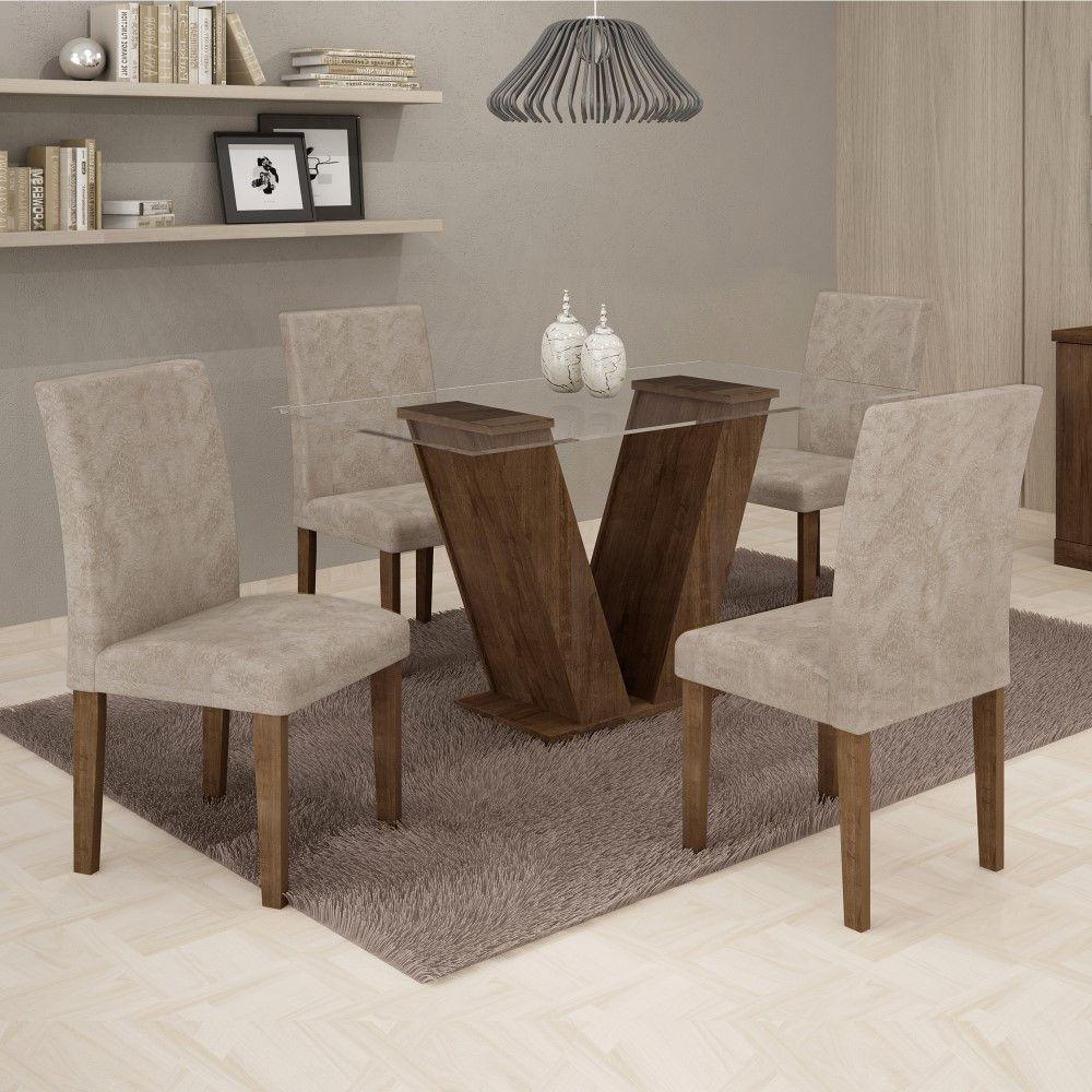 Conjunto Sala De Jantar Mesa Chocolate Com Suede Pena Bege Tampo De Vidro E 4 Cadeiras - 2