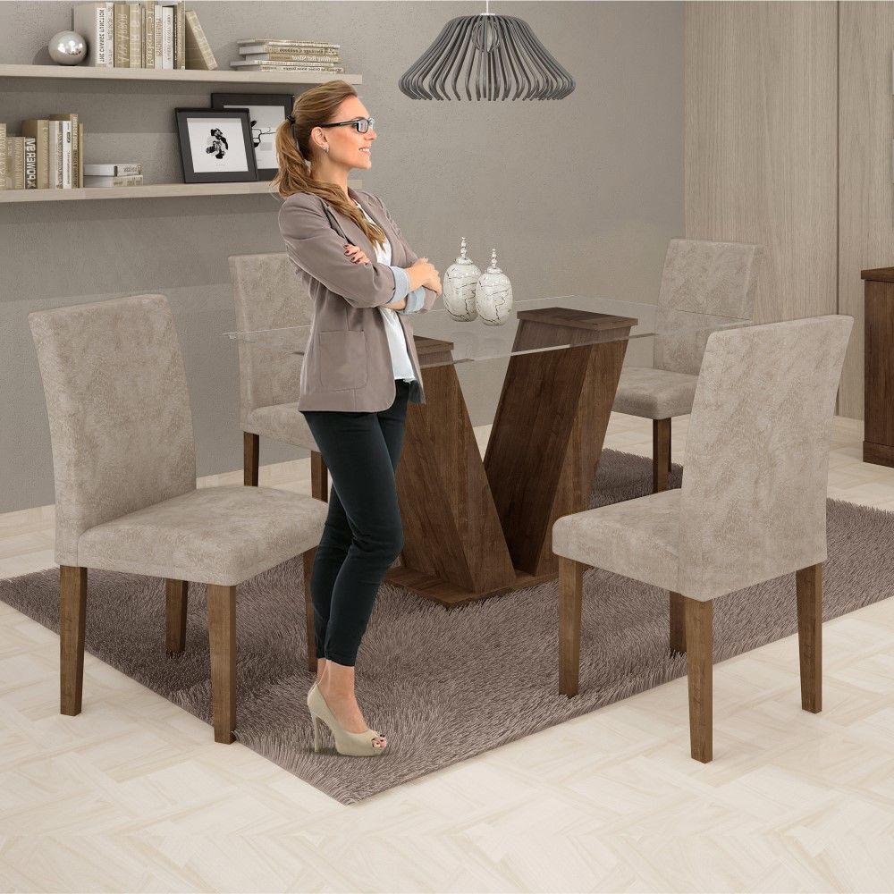 Conjunto Sala De Jantar Mesa Chocolate Com Suede Pena Bege Tampo De Vidro E 4 Cadeiras - 7