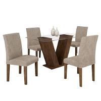 Conjunto Sala De Jantar Mesa Chocolate Com Suede Pena Bege Tampo De Vidro E 4 Cadeiras - 1