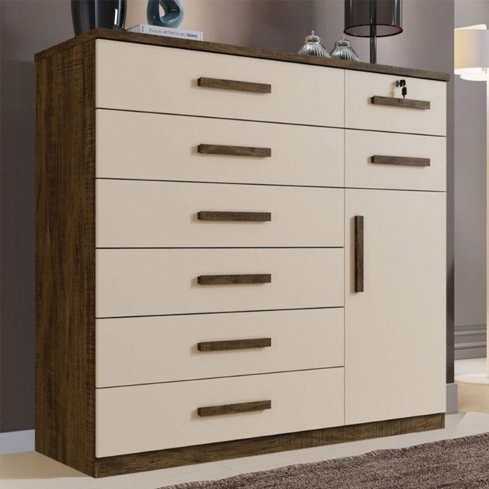 Cômoda Vitoria 1 Porta E 8 Gavetas Plus Com Escala De Brilho Em Fosco Benetil Avela E Off White - 1