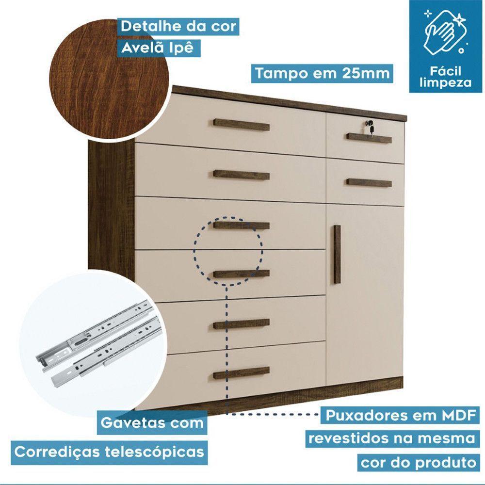 Cômoda Vitoria 1 Porta E 8 Gavetas Plus Com Escala De Brilho Em Fosco Benetil Avela E Off White - 5