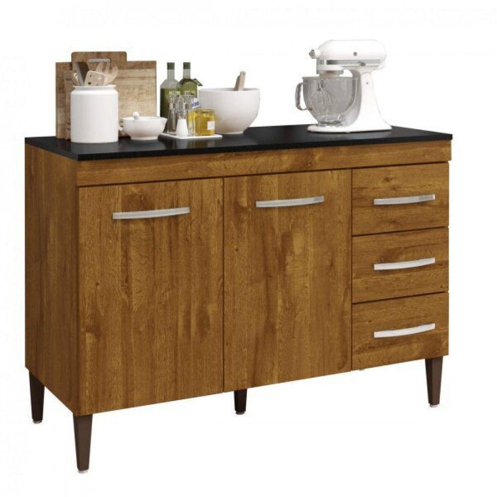 Balcão De Cozinha Virtus Com Tampo Ipê 3 Gavetas 2 Portas Kaiki Móveis - 1