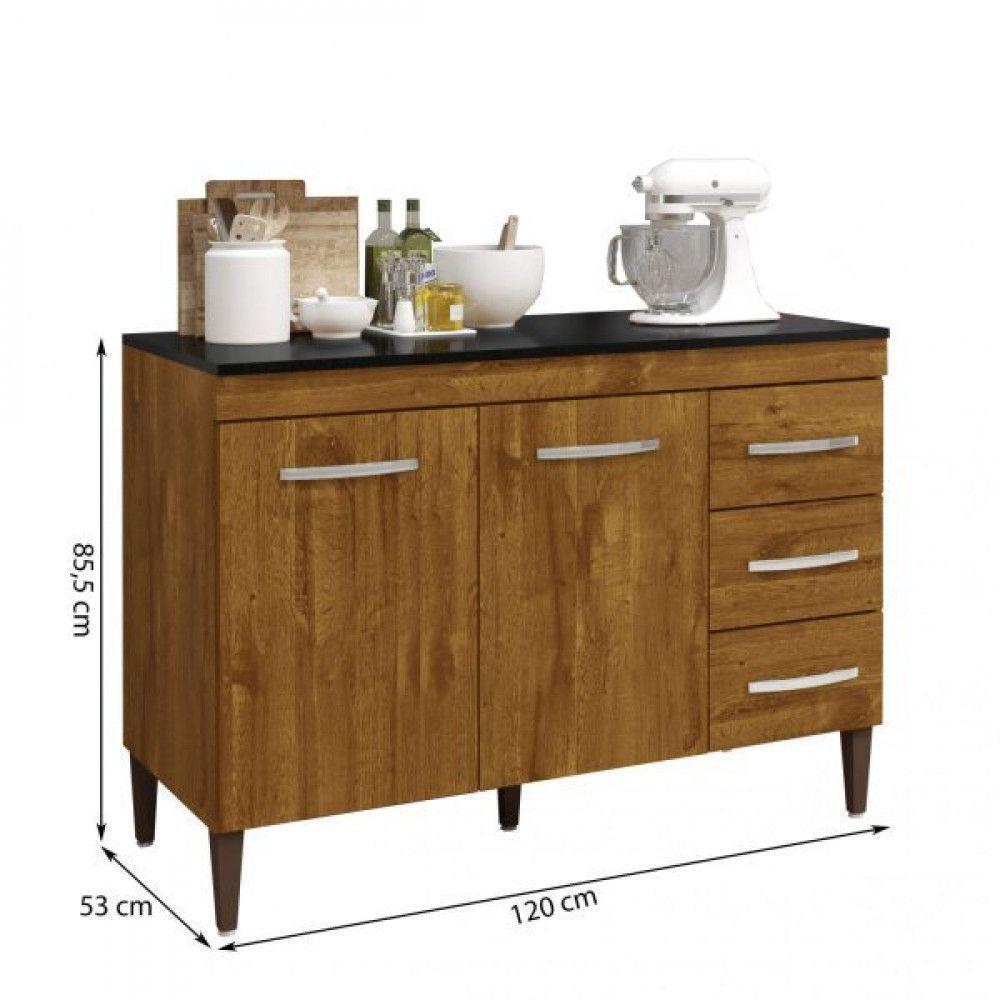 Balcão De Cozinha Virtus Com Tampo Ipê 3 Gavetas 2 Portas Kaiki Móveis - 2