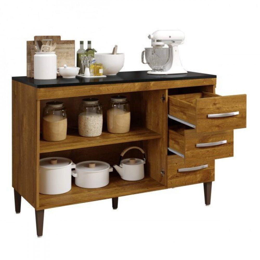 Balcão De Cozinha Virtus Com Tampo Ipê 3 Gavetas 2 Portas Kaiki Móveis - 3